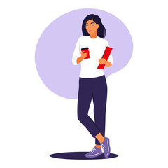 Woman standing with cup coffee and laptop. Office worker or remote job concept. Vector illustration. Flat.