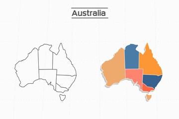 Australia map city vector divided by colorful outline simplicity style. Have 2 versions, black thin line version and colorful version. Both map were on the white background.