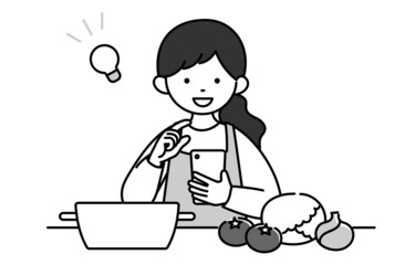 モノクロイラスト　主婦　スマホ　料理