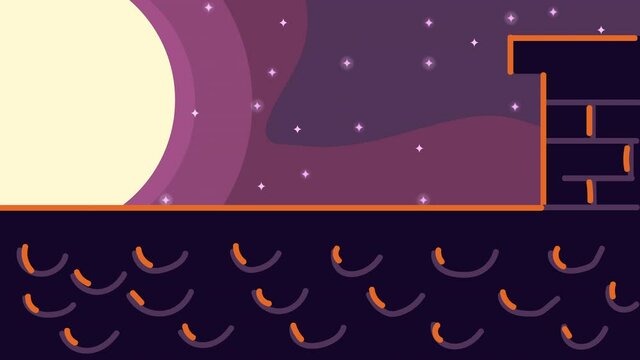 happy halloween animation with wall and fullmoon