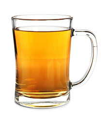 Delicious apple cider in glass mug isolated on white
