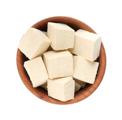 Wooden bowl with delicious tofu isolated on white, top view