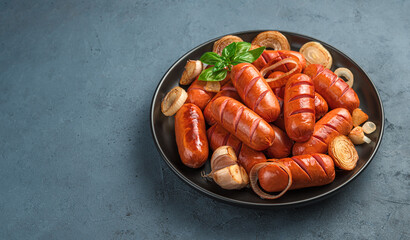 Fried beef sausages with basil, garlic and onion on a dark background. Side view, space for copying.