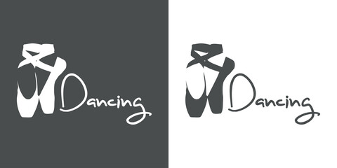 Logotipo con texto manuscrito Dancing con silueta de zapatillas de ballet en fondo gris y fondo blanco