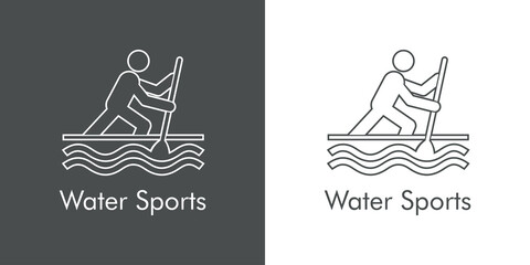 Logotipo con texto Water Sports con silueta de remero en canoa con lineas en fondo gris y fondo blanco © teracreonte