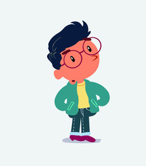 cartoon character of little boy on jeans doubting.