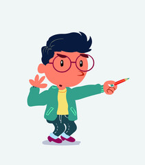 cartoon character of little boy on jeans doubts while pointing to the side with a pencil