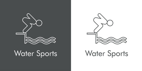 Logotipo con texto Water Sports con silueta de salto de trampolín con lineas en fondo gris y fondo blanco
