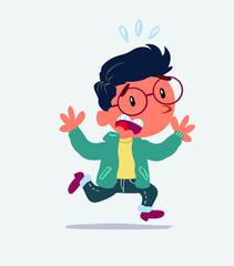 cartoon character of little boy on jeans runs away in terror.