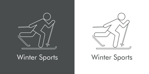 Logotipo con texto Winter Sports con silueta de esquiador de cross country con lineas en fondo gris y fondo blanco © teracreonte