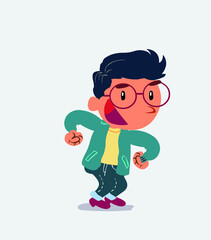 Euphoric cartoon character of little boy on jeans makes plans