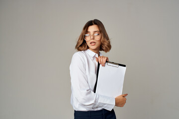 Businesswoman official job office success emotions studio posing