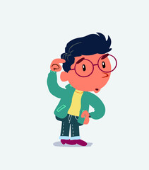 funny cartoon character of little boy on jeans doubting.