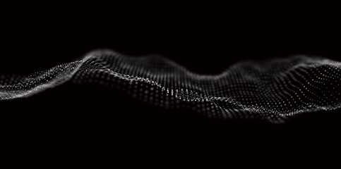 Abstract technology background. Digital white particle wave. Sound structure visualization. Flow dot landscape.