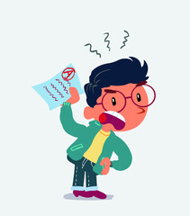 little boy on jeans waving a exam angrily.ep