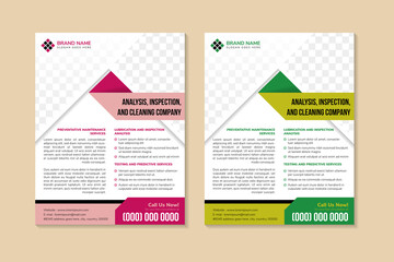 Templates of white vector vertical flyer for analysis, inspection and cleaning company with triangle a place for a photo. Minimalist design. pink and green on elements and white background.