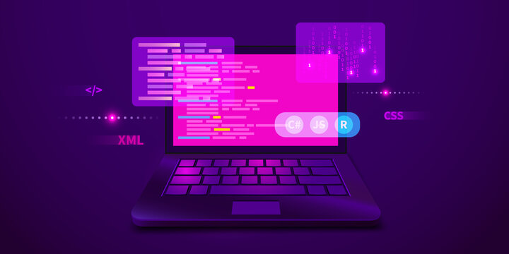 Web development, coding and programming futuristic banner. Computer code on laptop.