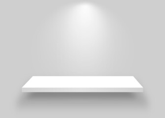 White shelf mockup. Realistic bookshelf with spotlight. Empty shelf template on white backdrop. Clean store shelves. © kume111000