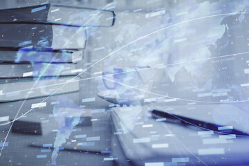 Double exposure of technology theme drawing and desktop with coffee and items on table background. Concept of data research.