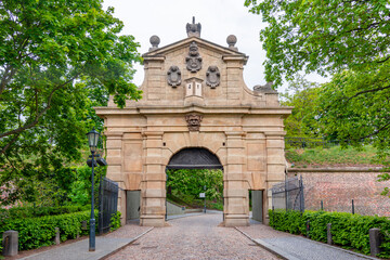 Entrance to garden of St. Peter and St. Paul basilica in Vysehrad (Upper Castle), Prague, Czech Republic