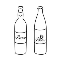 Set of beer bottles. Vector outline hand drawn illustration in doodle style. For invitation, beer bar menu, poster, flyer