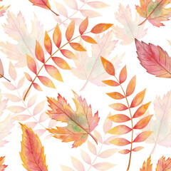 Fototapeta na wymiar Watercolor seamless pattern from hand painted illustration of tree leaves in autumn yellow and red colors isolated on white. Forest nature print for fall season fabric textile, design cards, packaging