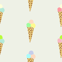Bright seamless illustration with ice cream in a waffle glass. Vector drawing.