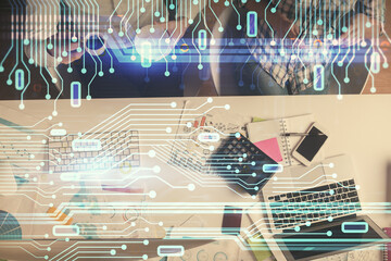 Double exposure of man and woman working together and data theme hologram drawing. Computer background. Top View.