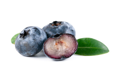 Blueberries with leaves on white background