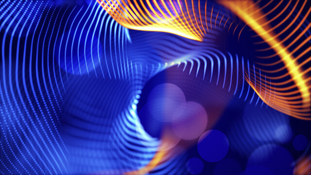 Christmas magic abstract fractal dynamic swirl curves glowing grid waves. Blurred blue orange background template.