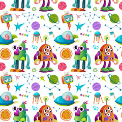 Naklejka premium Robots, planets, stars and ufo Seamless pattern on a white background. Cheerful childrens multicolored illustration in cartoon style, hand drawing.