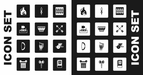 Set Ancient Greek pattern, ancient bowl, trireme, Bottle of olive oil, Crossed arrows, Torch flame, chariot and Medieval icon. Vector