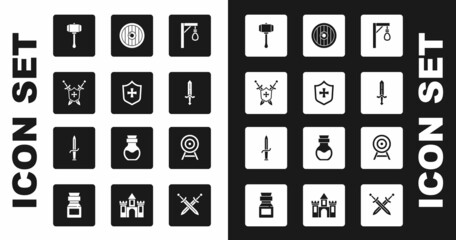 Set Gallows, Shield, Medieval shield with swords, Hammer, Round wooden, Target arrow and Dagger icon. Vector