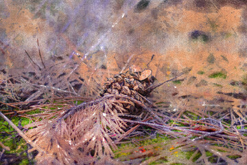Pine cone with small mushrooms. Wet cone lies in the forest on green moss. Dry pine needles nearby. Autumn morning. Digital watercolor painting.