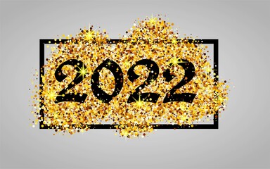 Happy new year. Gold glitter 2022. Golden background for flyer, poster, sign, banner, web, header. Abstract yellow symbol text, type, quote. Light blur backdrop. Christmas sparkle party logo vector