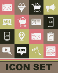 Set Browser window, Clipboard with graph chart, Advertising, Shopping cart, and dollar, Website statistic and icon. Vector