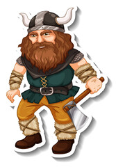 Sticker template with Viking warrior cartoon character isolated