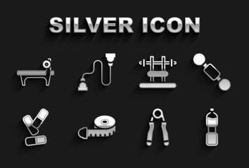 Set Tape measure, Dumbbell, Bottle of water, Sport expander, Vitamin pill, Bench with barbel, and Chest icon. Vector