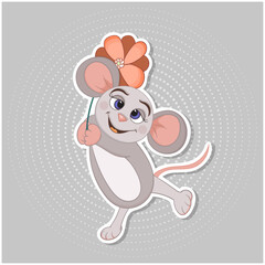 Cute funny gray cartoon mouse with flower. Printable version for desktop and wall calendars. Simple elements for your design. Poster, print, sticker, greeting card, poster, banner. 
