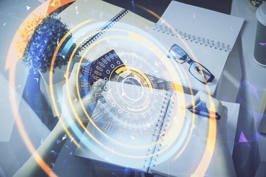 Multi exposure of woman on-line shopping holding a credit card and tech theme drawing. Technology concept.