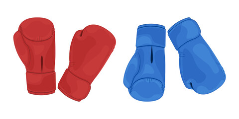 A sports set consisting of two pairs of red and blue boxing gloves. Boxing gloves to protect your hands from blows. Sports equipment for boxing, kickboxing and other martial arts. Vector illustration