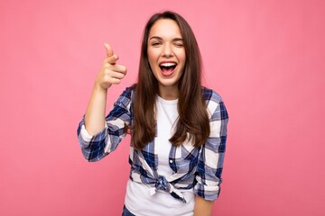 Shot of young happy joyful smiling beautiful brunette woman with sincere emotions wearing trendy...