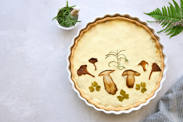 Homemade pie with wild mushrooms and curd cheese. Copy space. Top view