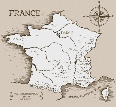 Vintage Map of France. Hand drawn vector illustration.