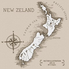 Vintage Map of New Zeland. Hand drawn vector illustration.