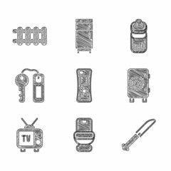 Set Remote control, Toilet bowl, Knife, Safe, Retro tv, Hotel door lock key, Trash can and Heating radiator icon. Vector