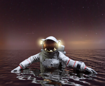 Astronaut On The Sea Of An Unknown Planet Millions Of Light Years Away From The Earth