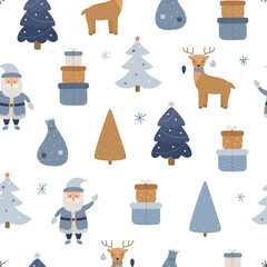 Seamless Christmas pattern. Santa Claus, reindeer, gift boxes, Christmas tree. Vector children's illustratio