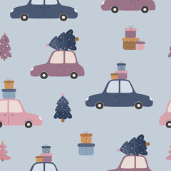 Seamless Christmas pattern. Cute cars with gift boxes and a Christmas tree. Vector illustration