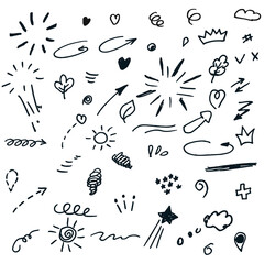 Vector hand drawn set of vintage icons, swirls, stars and arrows
